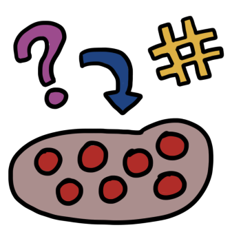  a collection of red circles are encased in a gray blob and is pointed at by a blue arrow and a purple question mark, with a number sign next to it